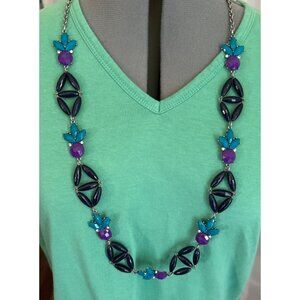 Premier Designs Green Black Purple Accent Beaded Silver Chain 36”-40”